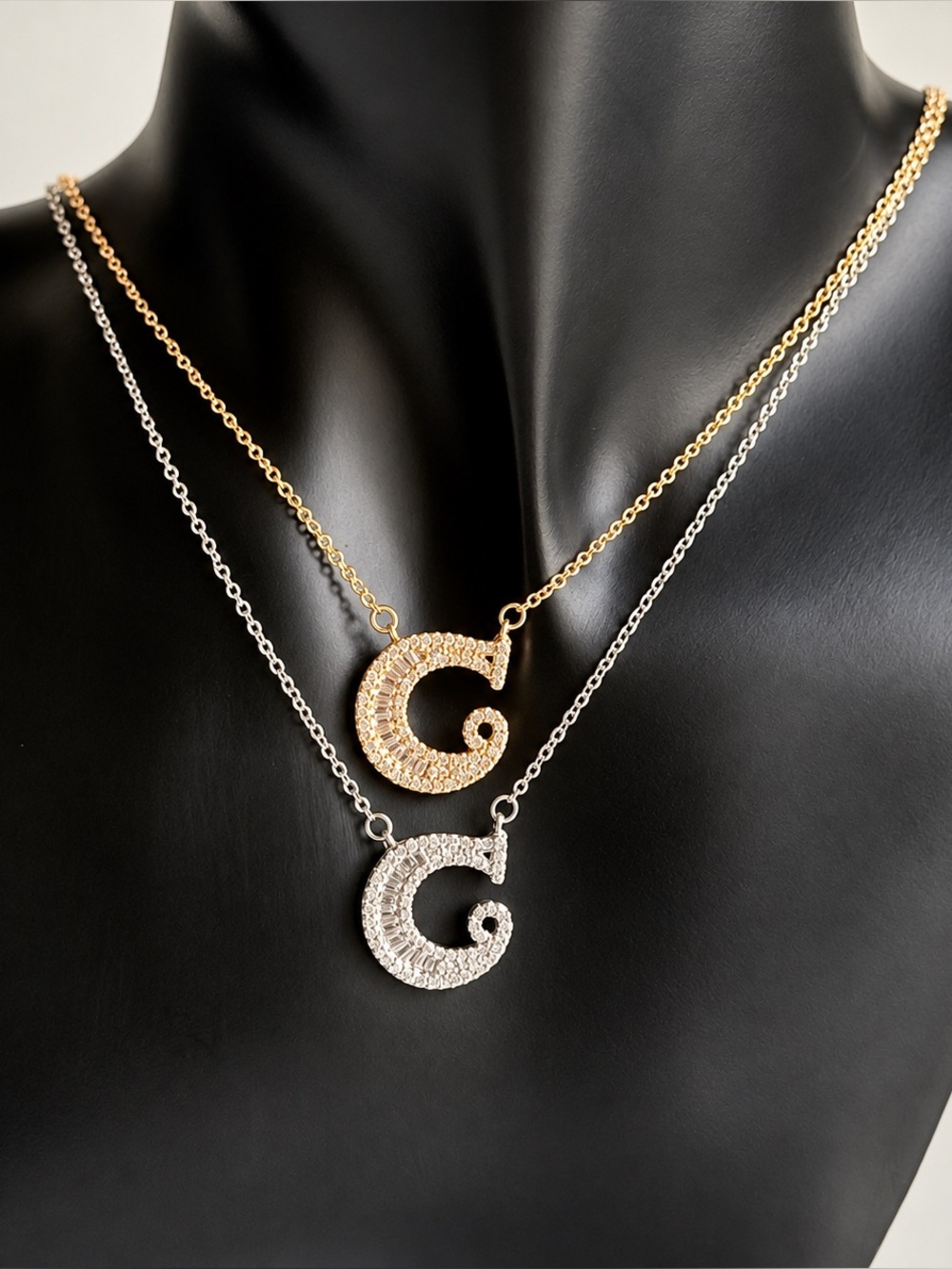Set of 2 Initial C Pendant Necklace 18kt Gold & Silver Plated over AAA CZ 18”